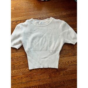 Jun & Ivy White Pearl Accent Short Sleeve Cinched Waist Pullover Sweater Sz L